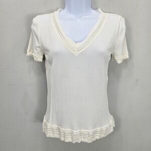 Vintage 90s Y2K Escada Knit Blouse Top M Ivory Scallop Trim Luxury Office Italy